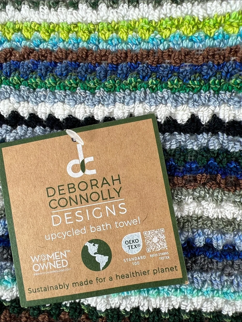 Deborah Connolly Bath Towels Boho Striped Bright Teal Green Blue Soft 2 Pc NEW
